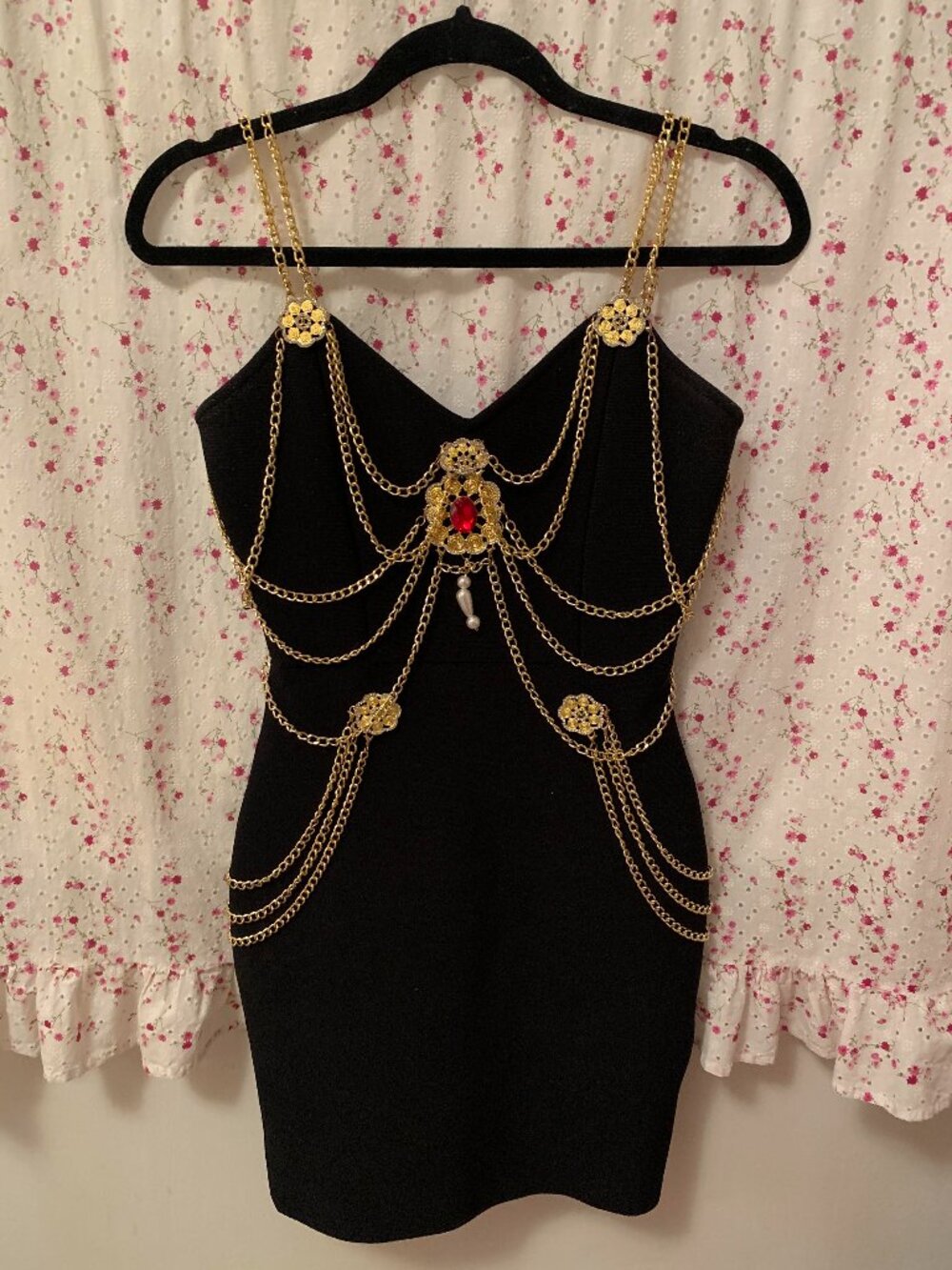 Bella Barnett Black Bodycon Mini Dress w/ Gold Chain Embellishments- Small